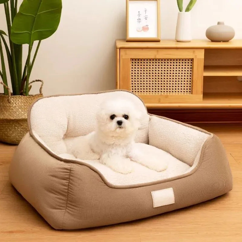 Plush pet bed in three sizes with washable fabric for indoor dog use