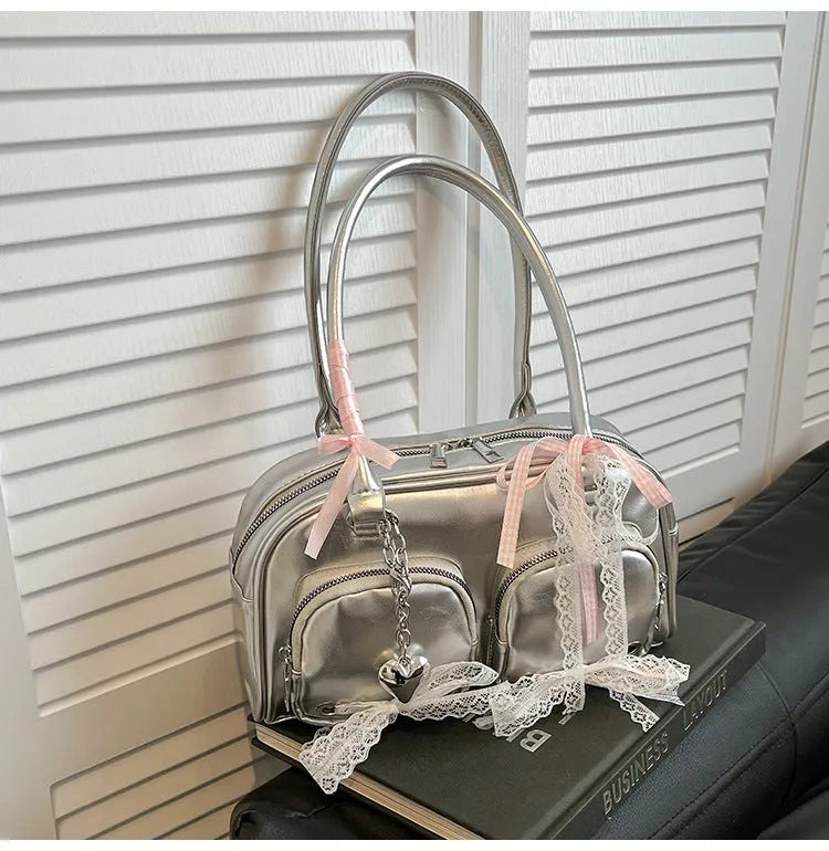 Soft PU leather shoulder bag in horizontal square design with double adjustable straps