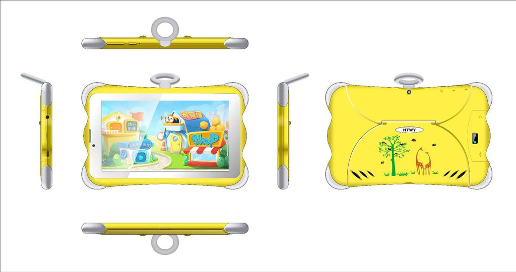 7-inch children's learning tablet in cartoon colours with stand, showing 3G calling and Bluetooth features
