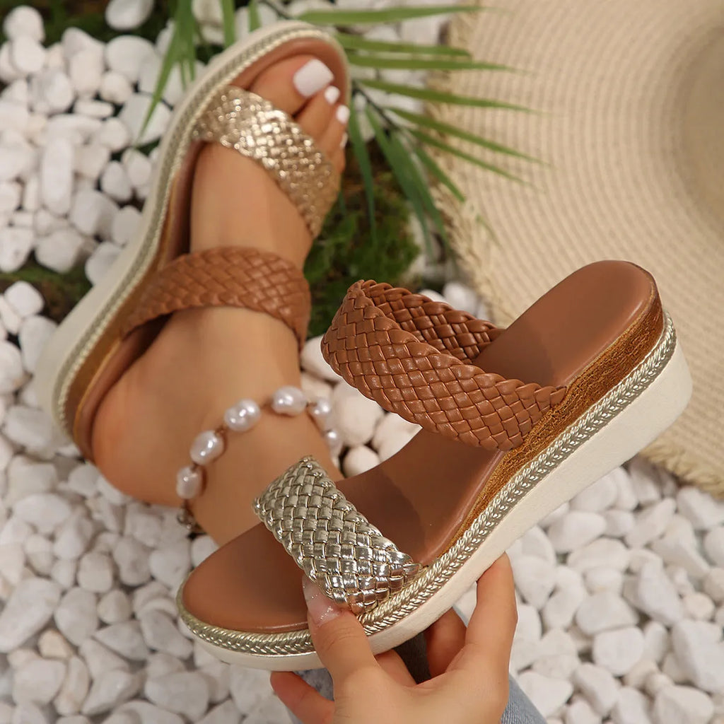 Women's plus size wedge sandals in gold metallic finish with rubber sole