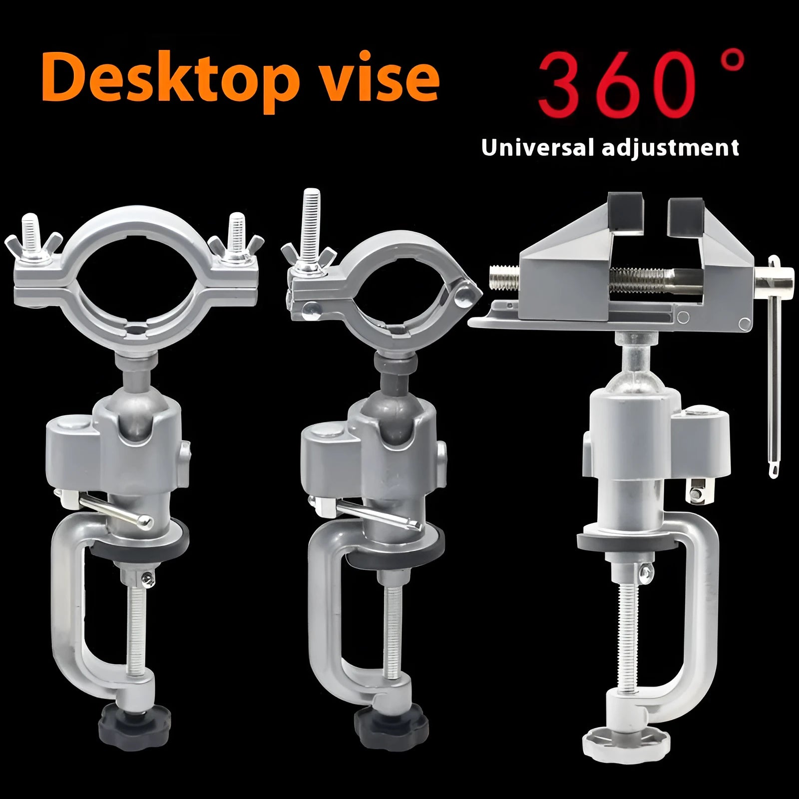 360-degree rotating bench vise with tungsten steel construction showing bracket clamp mechanism
