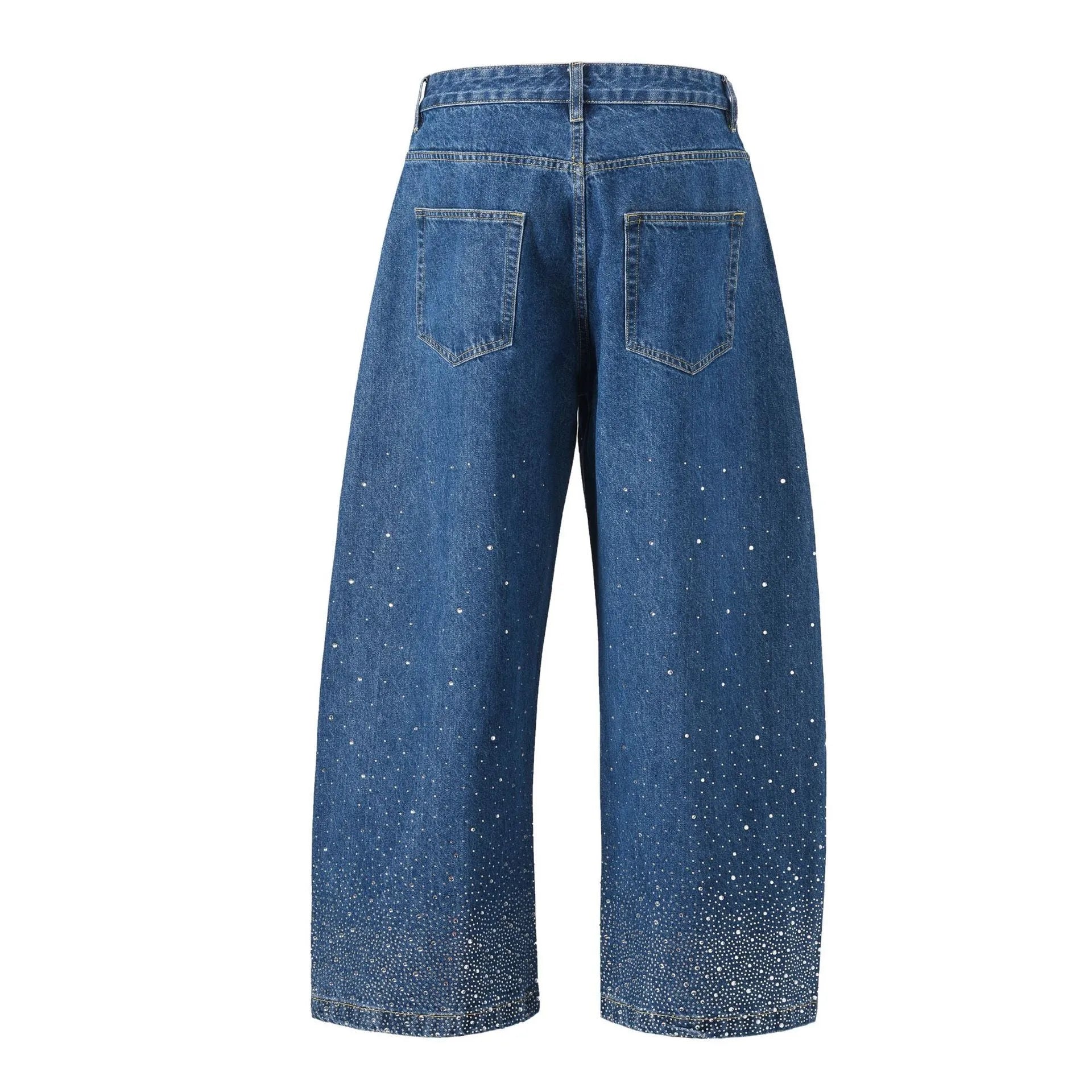 Blue loose-fitting wide-leg cotton trousers on a hanger, showing the relaxed silhouette.