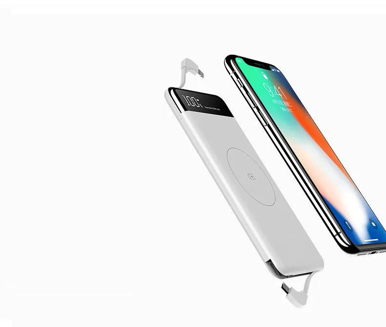 10000mAh wireless power bank with digital display and built-in cable in black