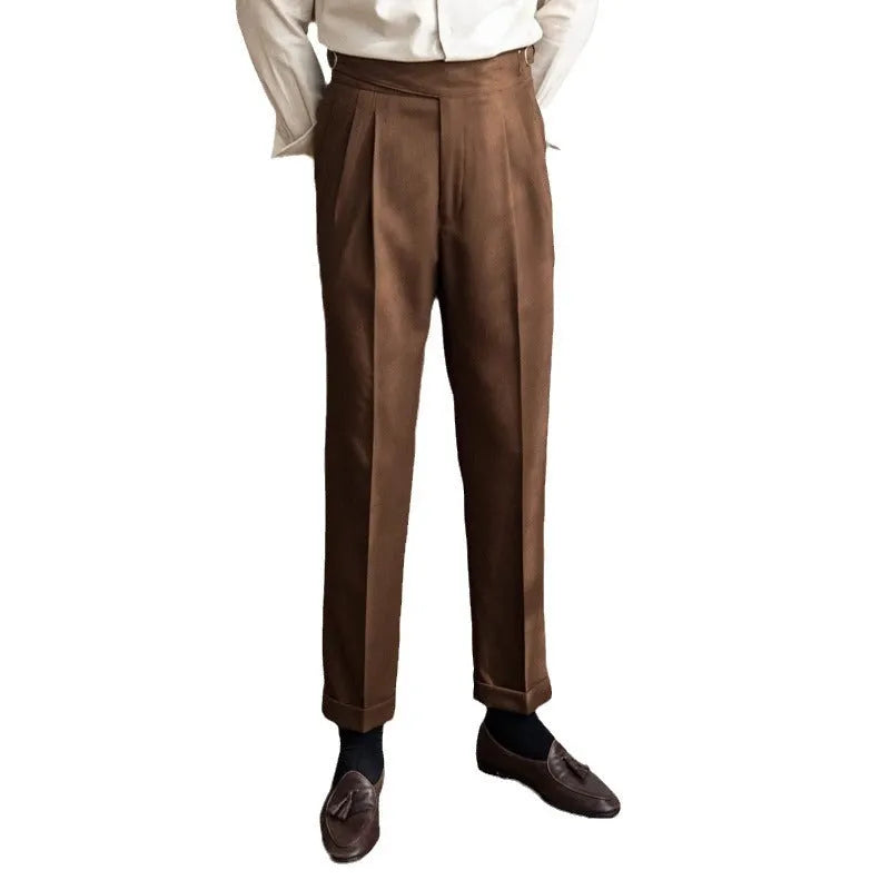 Men's high waist straight-leg casual trousers in black, shown laid flat.