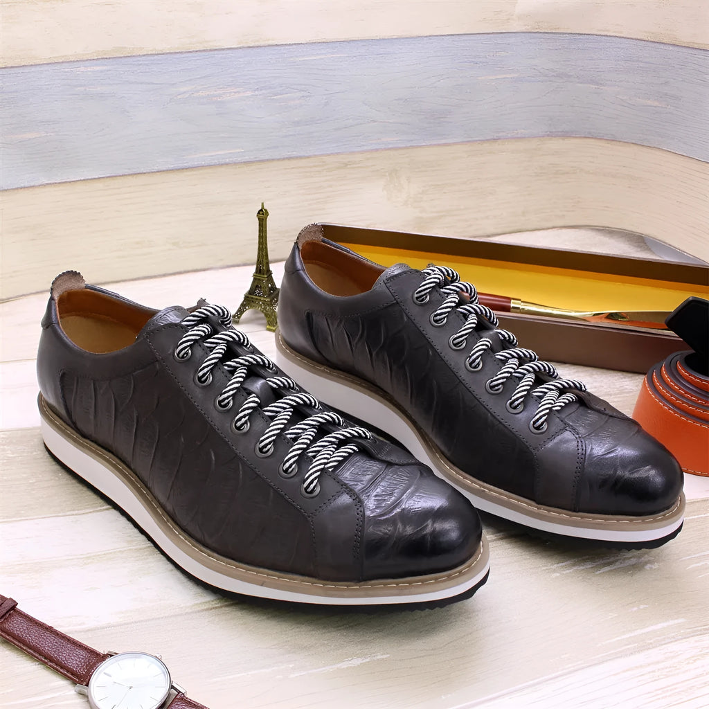 Men's low-cut casual shoes with an embossed pattern and front tie laces, shown in multiple colours.