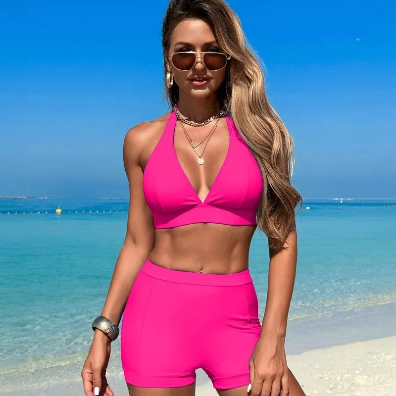 Women's split swimsuit bikini in black, royal blue, pink, and purple blue colours