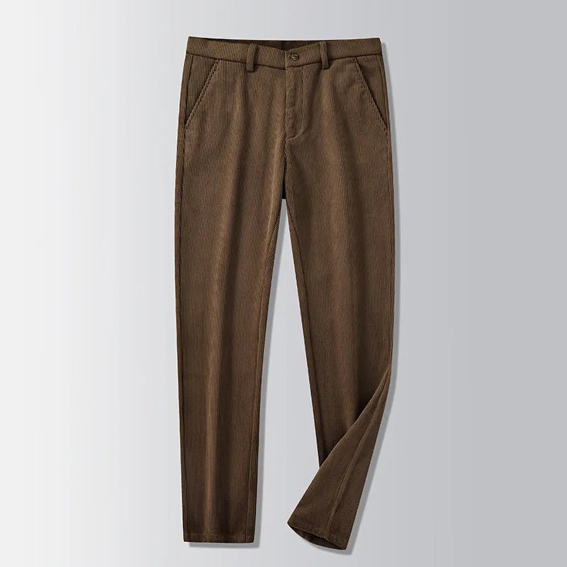 British retro striped straight leg trousers in a chemical fibre blend, shown in khaki colour.