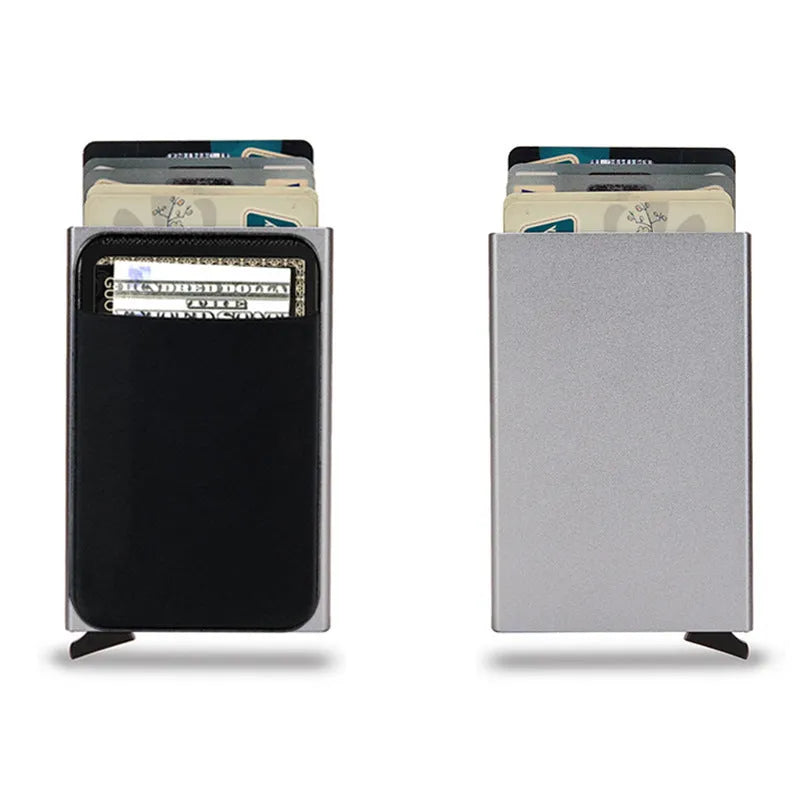 Aluminium alloy metal credit card holder in frosted finish showing eight colour options including rose gold and silver