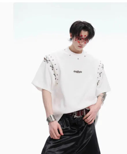 Women's black short sleeve T-shirt with a lace-up cutout detail on the front.