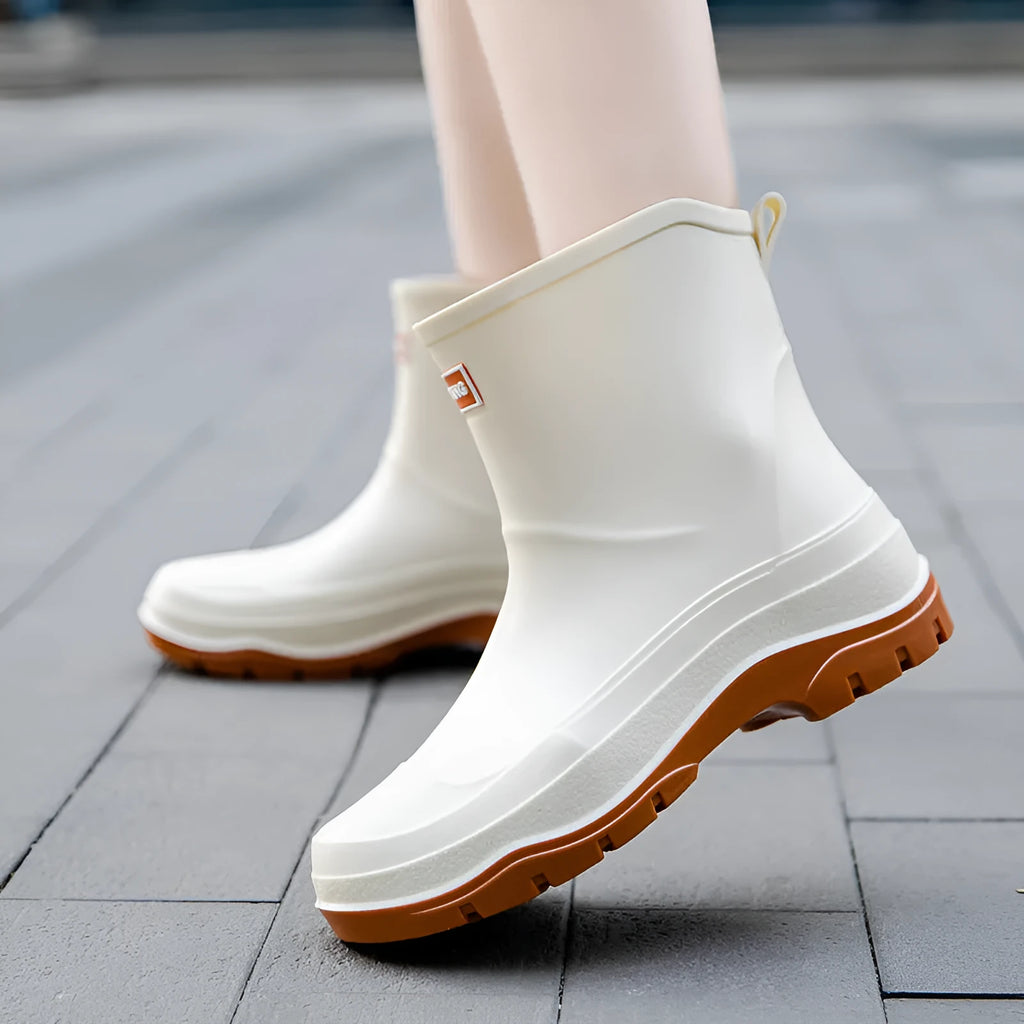 Women's non-slip waterproof rubber shoes flat heel solid colour plastic upper low tube
