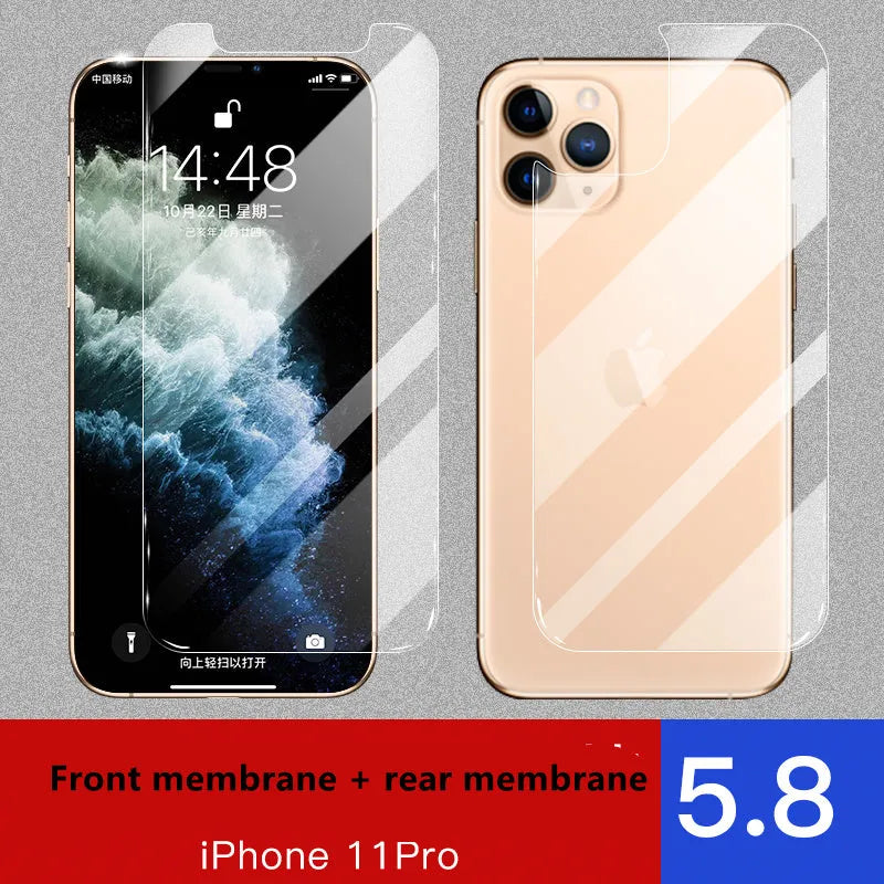 Tempered glass screen and rear protector films for Apple iPhone 11, X, and XS models.