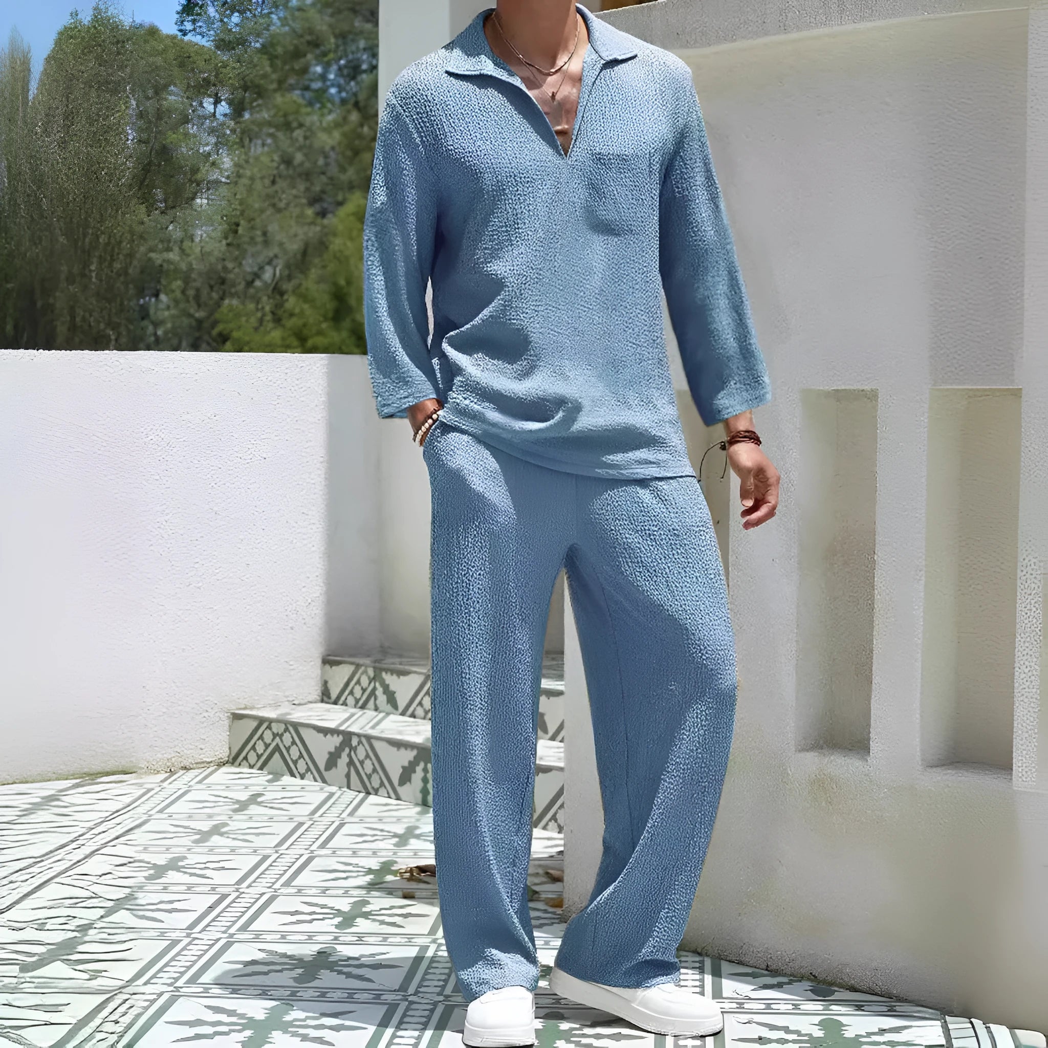 Men's casual shirt trousers suit in polyester fabric available in four colours