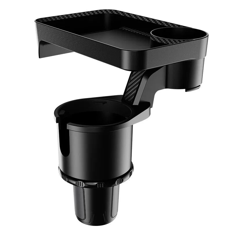 Black ABS plastic car-mounted 360-degree rotating dinner tray holder showing rotation mechanism
