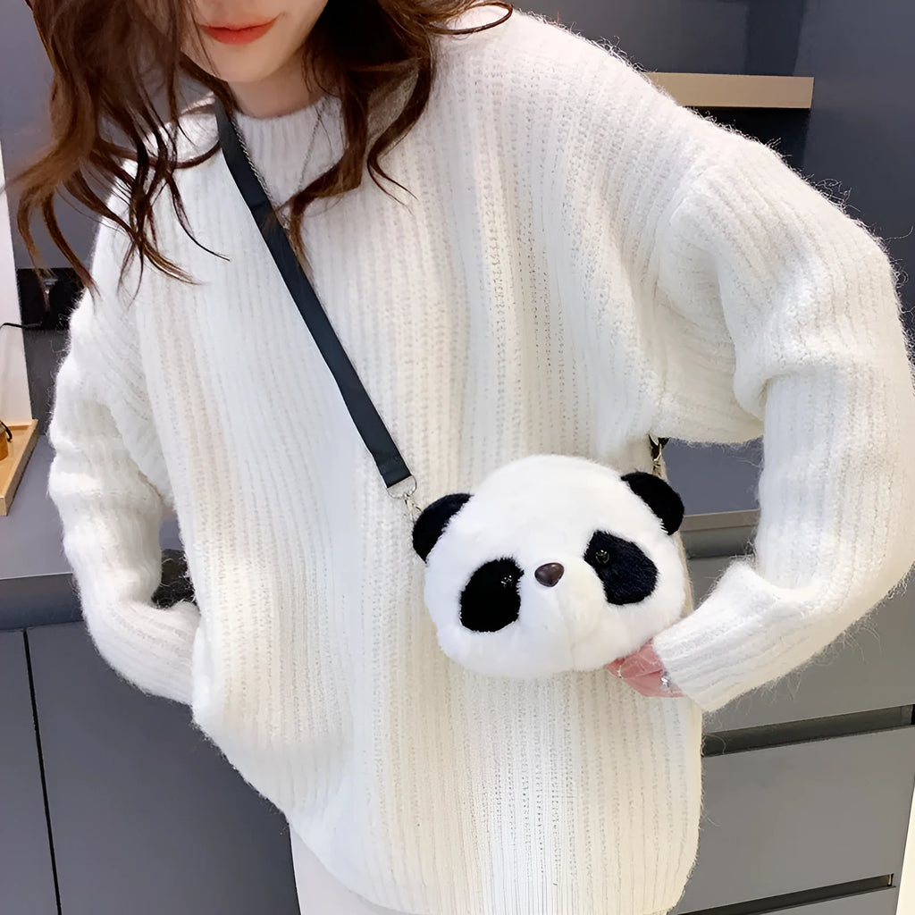 Cylindrical panda head design plush crossbody bag with sandwich pocket compartment