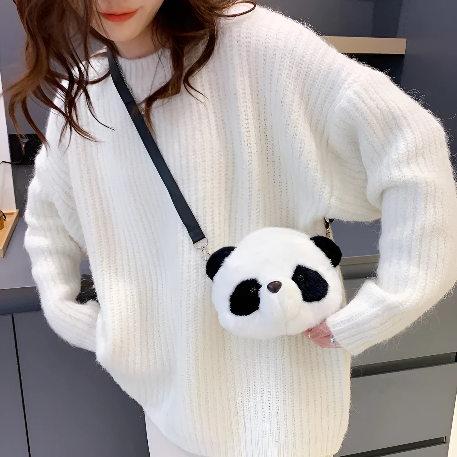 Cylindrical panda head design plush crossbody bag with sandwich pocket compartment