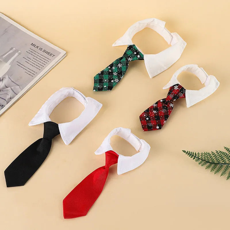 Adjustable Christmas dog necktie with red plaid and snowflake pattern on a white background