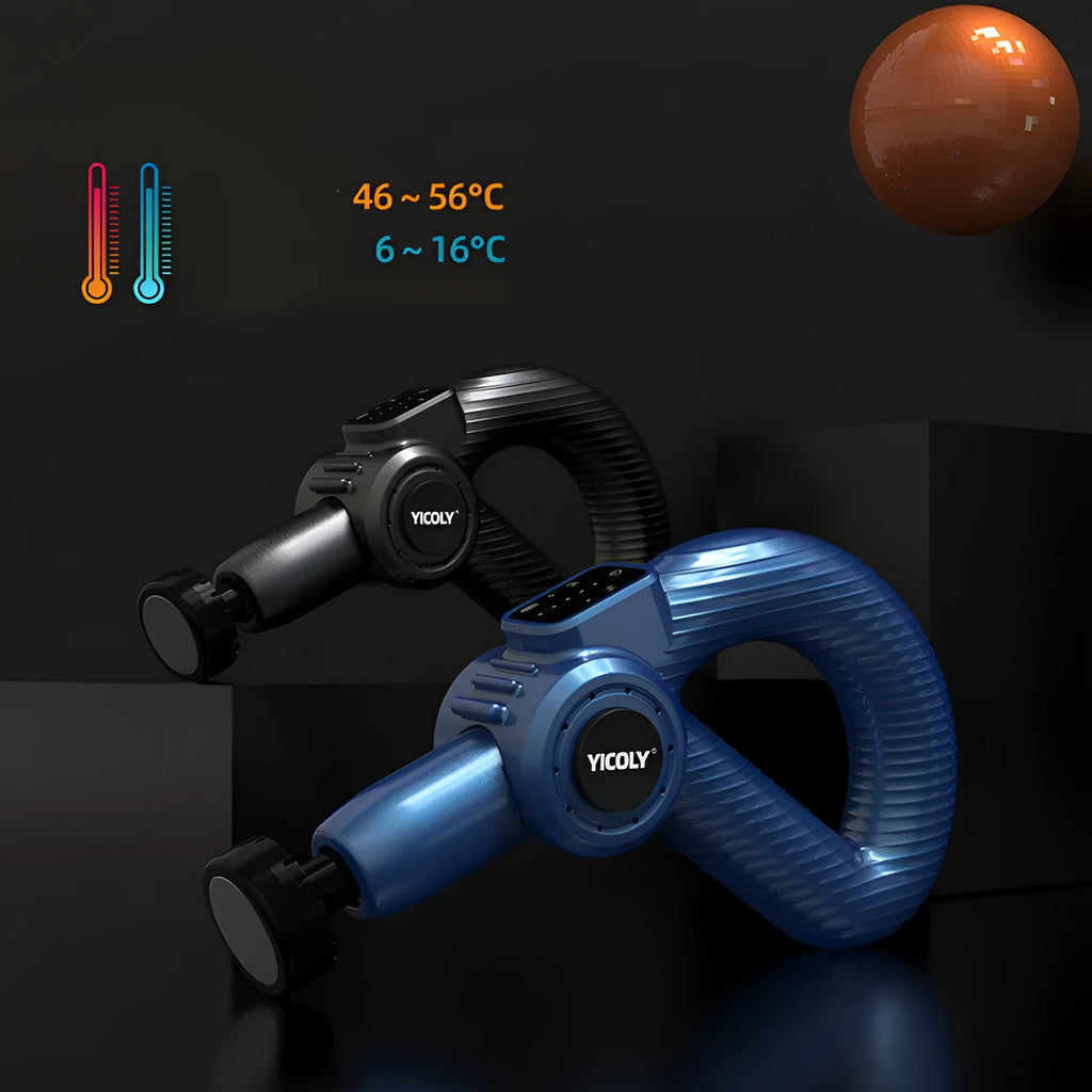 Black smart muscle massage gun with adjustable handle and five different massage heads on a table.