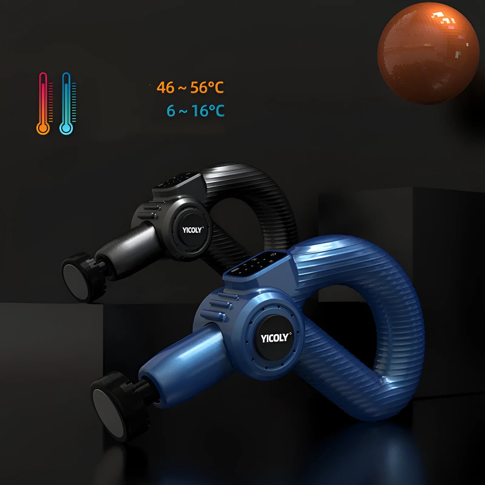 Black smart muscle massage gun with adjustable handle and five different massage heads on a table.