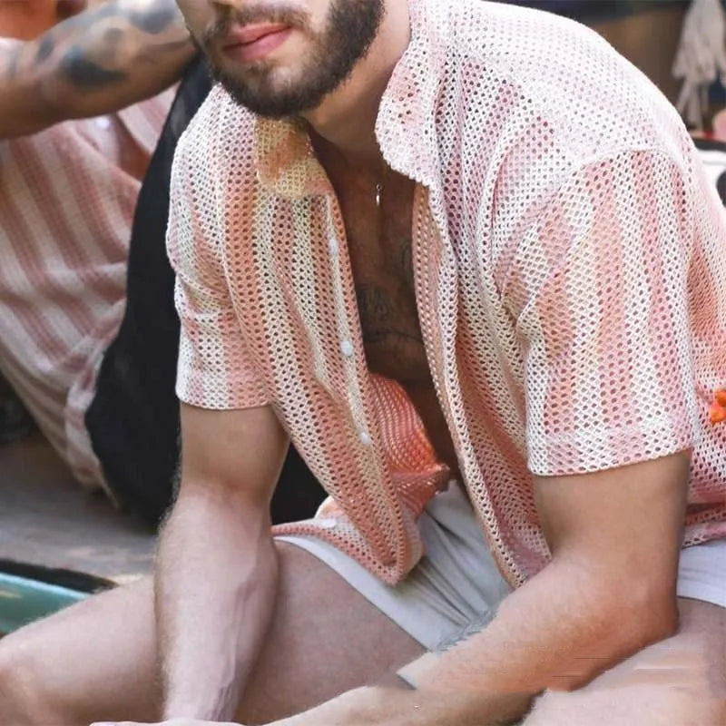 Pink loose fitting men's summer cardigan shirt with waffle cool fabric short sleeves