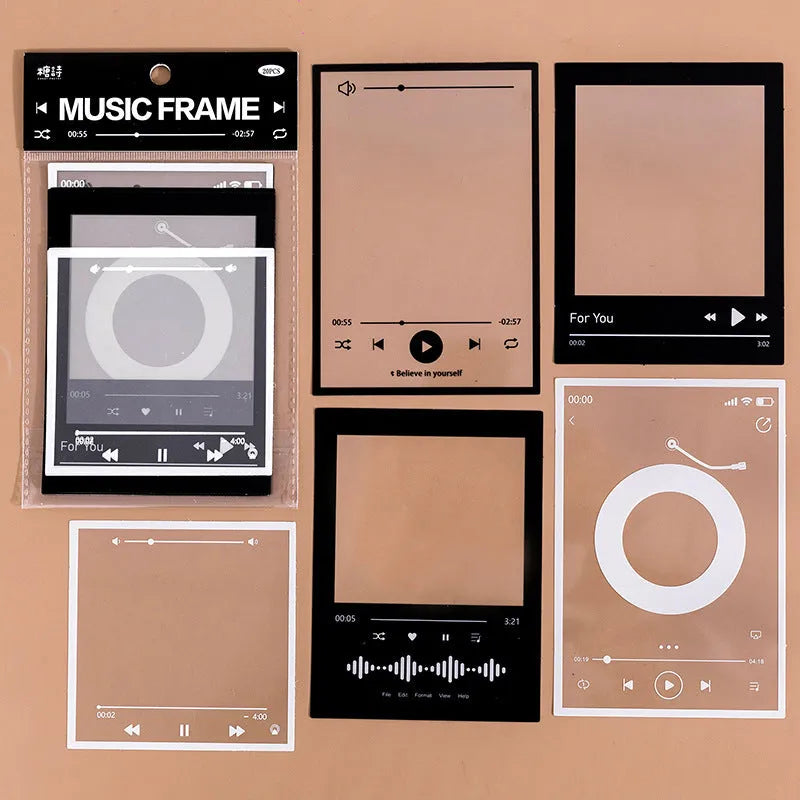 Pack of 15 transparent retro-themed frame stickers for journal decoration on a paper background.