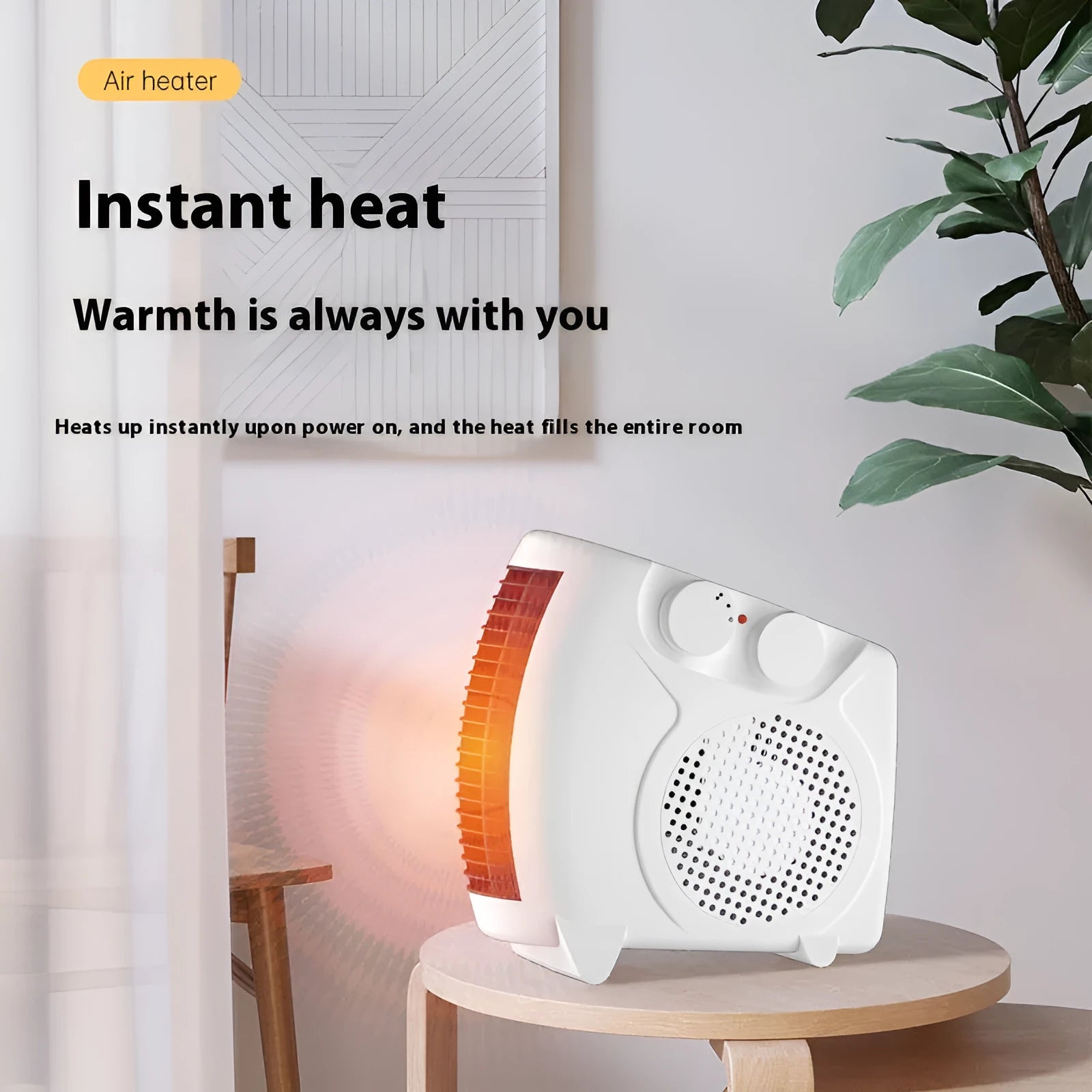 Slim white electric heater for desktop use with two speed settings.