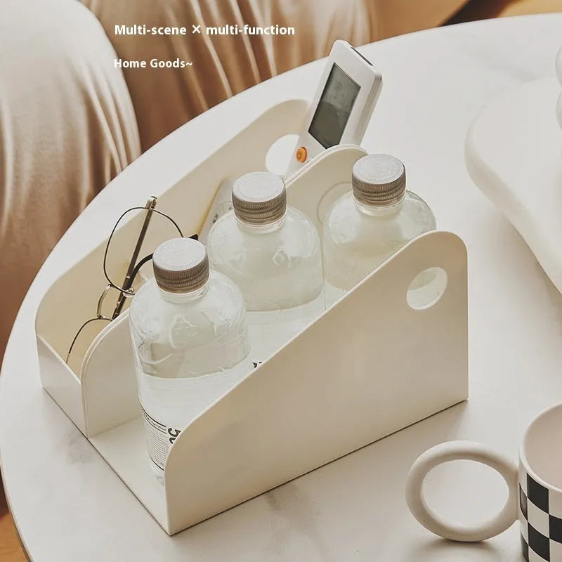 Plastic desktop storage box with two grid layers in ivory white colour