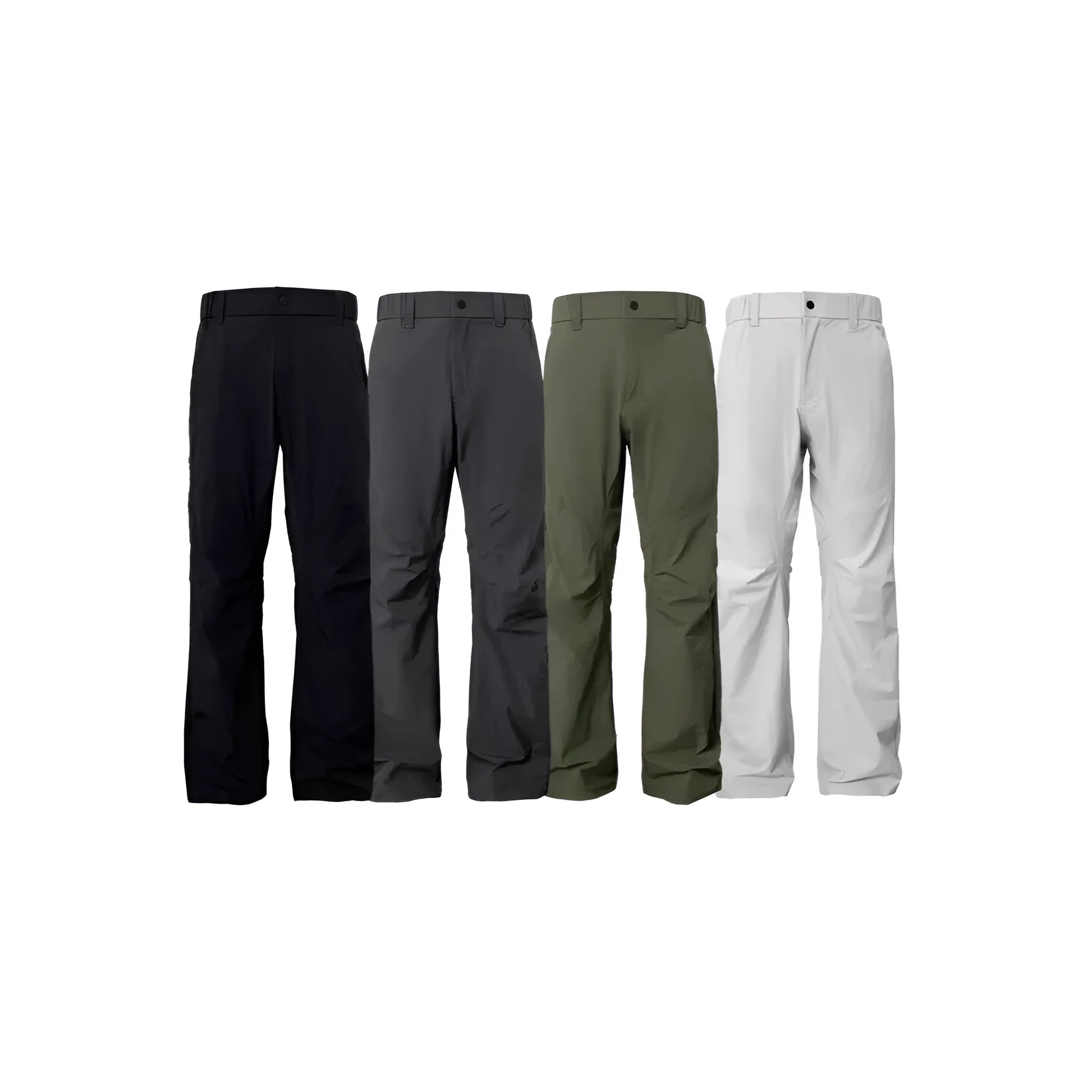 3D cut straight leg trousers with elastic waistband in five colour options showing contemporary deconstructed design
