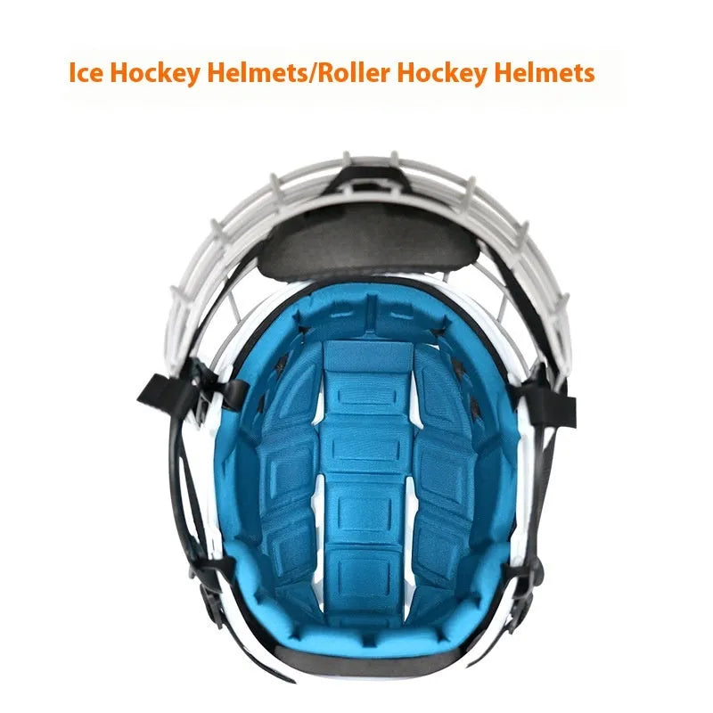 Ice hockey helmet with carbon steel face mask showing impact-resistant construction