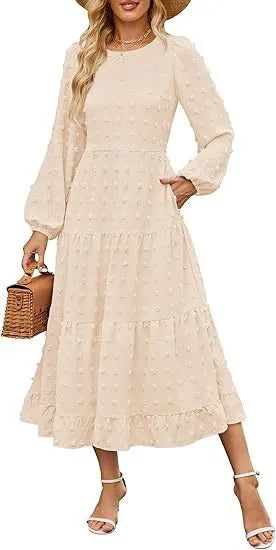Beige women's casual dress with long ruffled sleeves, a round neck, and a high waist.