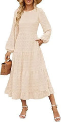 Beige women's casual dress with long ruffled sleeves, a round neck, and a high waist.