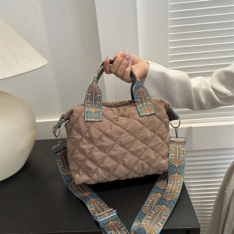 Soft Oxford cloth shoulder messenger bag in horizontal square design with single strap and sandwich pocket