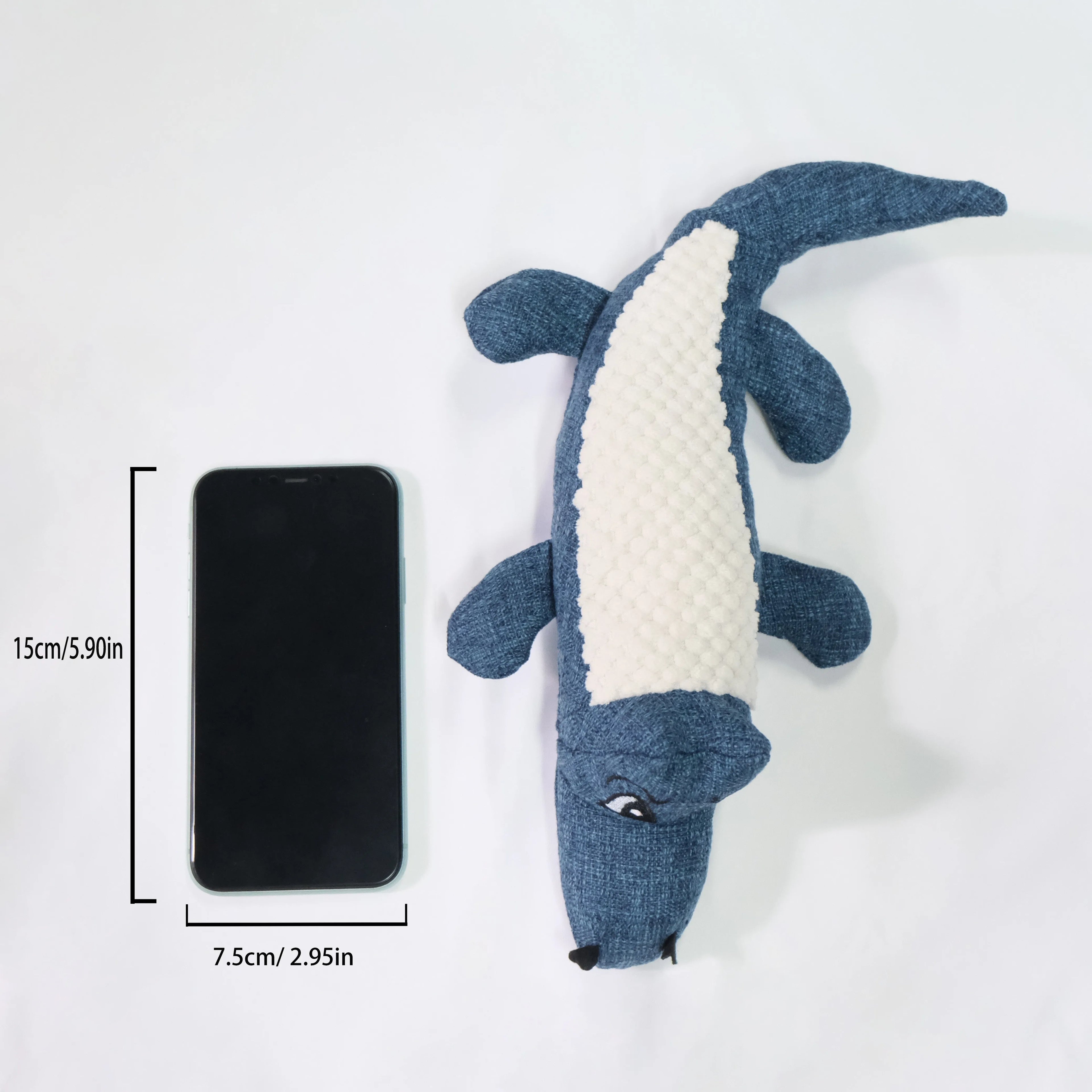 Blue pet plush toy with corn cob grid texture and squeaker for cats and dogs to chew