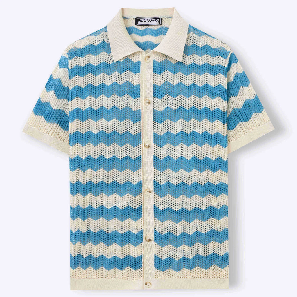 Short sleeve hollow jacquard corrugated sweater in Tencel viscose fabric showing textured surface and flocked detailing