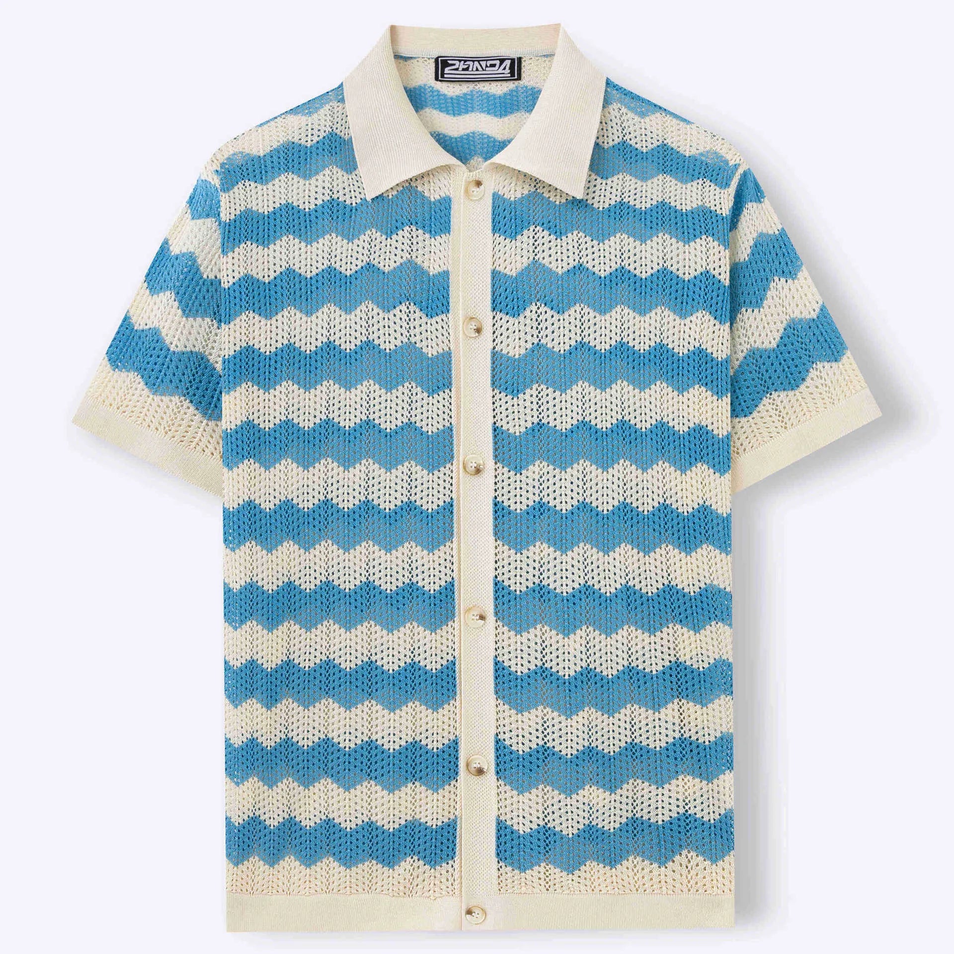 Short sleeve hollow jacquard corrugated sweater in Tencel viscose fabric showing textured surface and flocked detailing