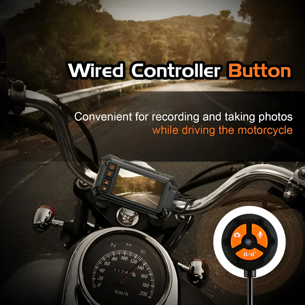 Motorcycle dash camera with dual lenses, 3-inch screen, GPS module, and waterproof housing for front and rear recording