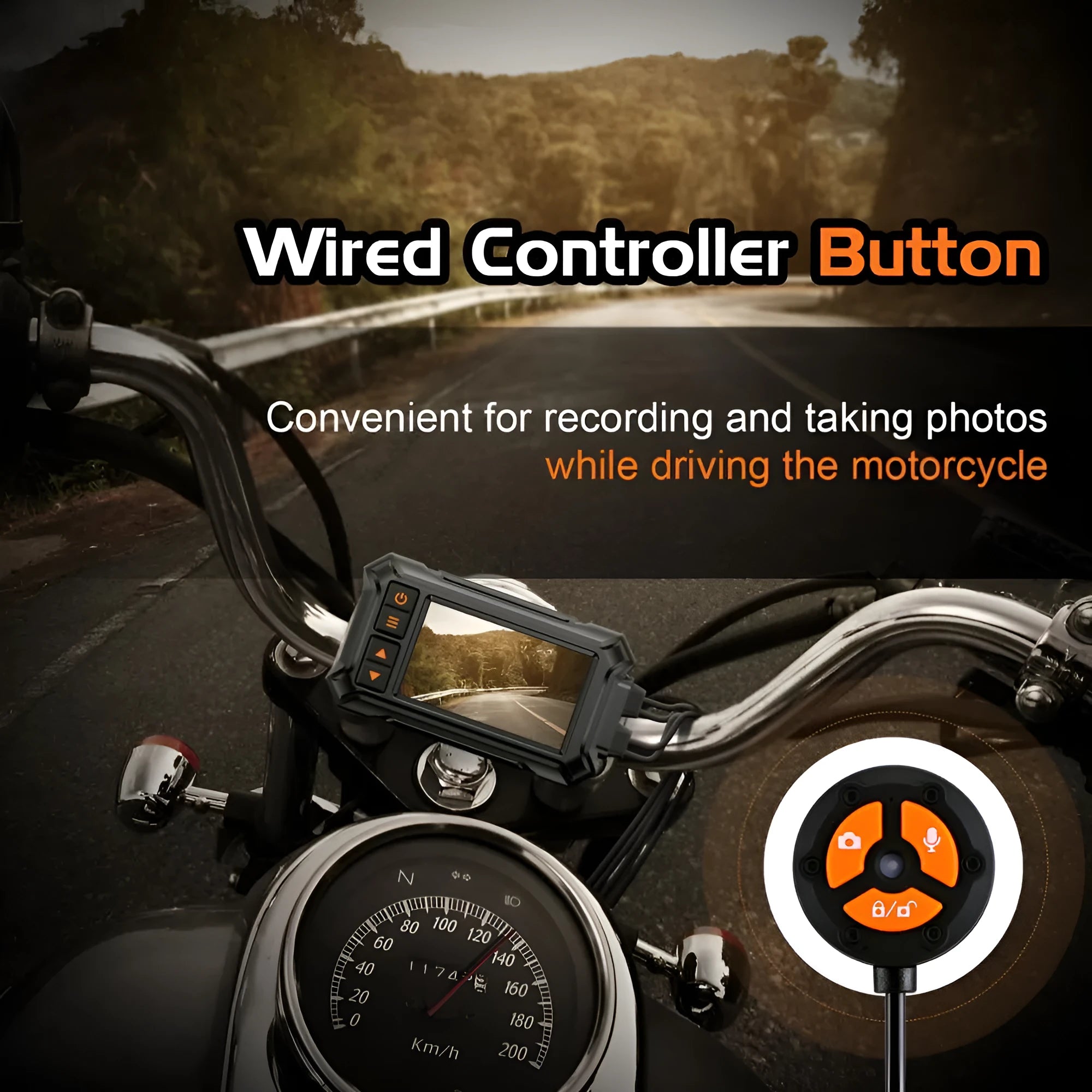 Motorcycle dash camera with dual lenses, 3-inch screen, GPS module, and waterproof housing for front and rear recording