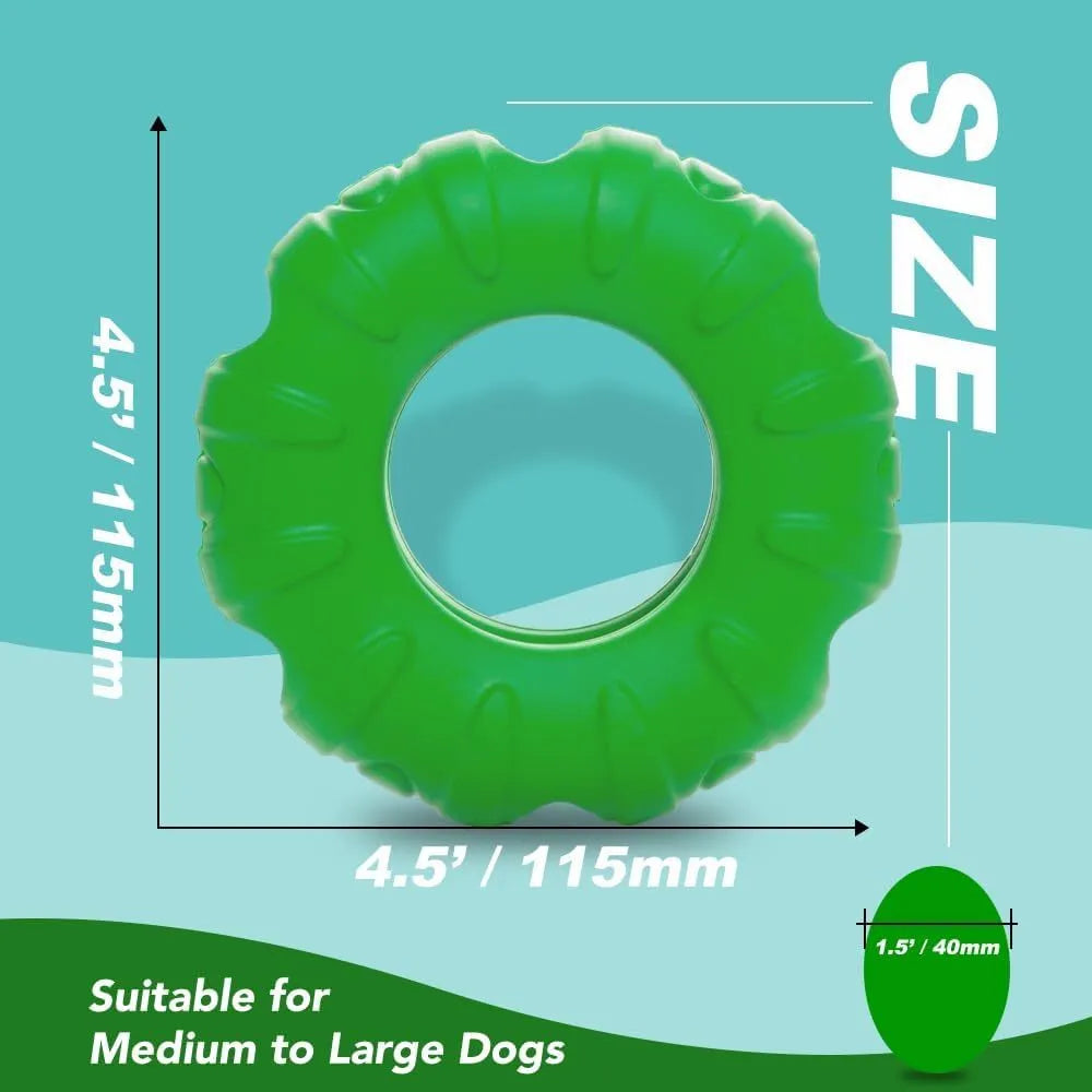 Blue beef-flavoured rubber tyre dog chew toy with oval openings for slow feeding.