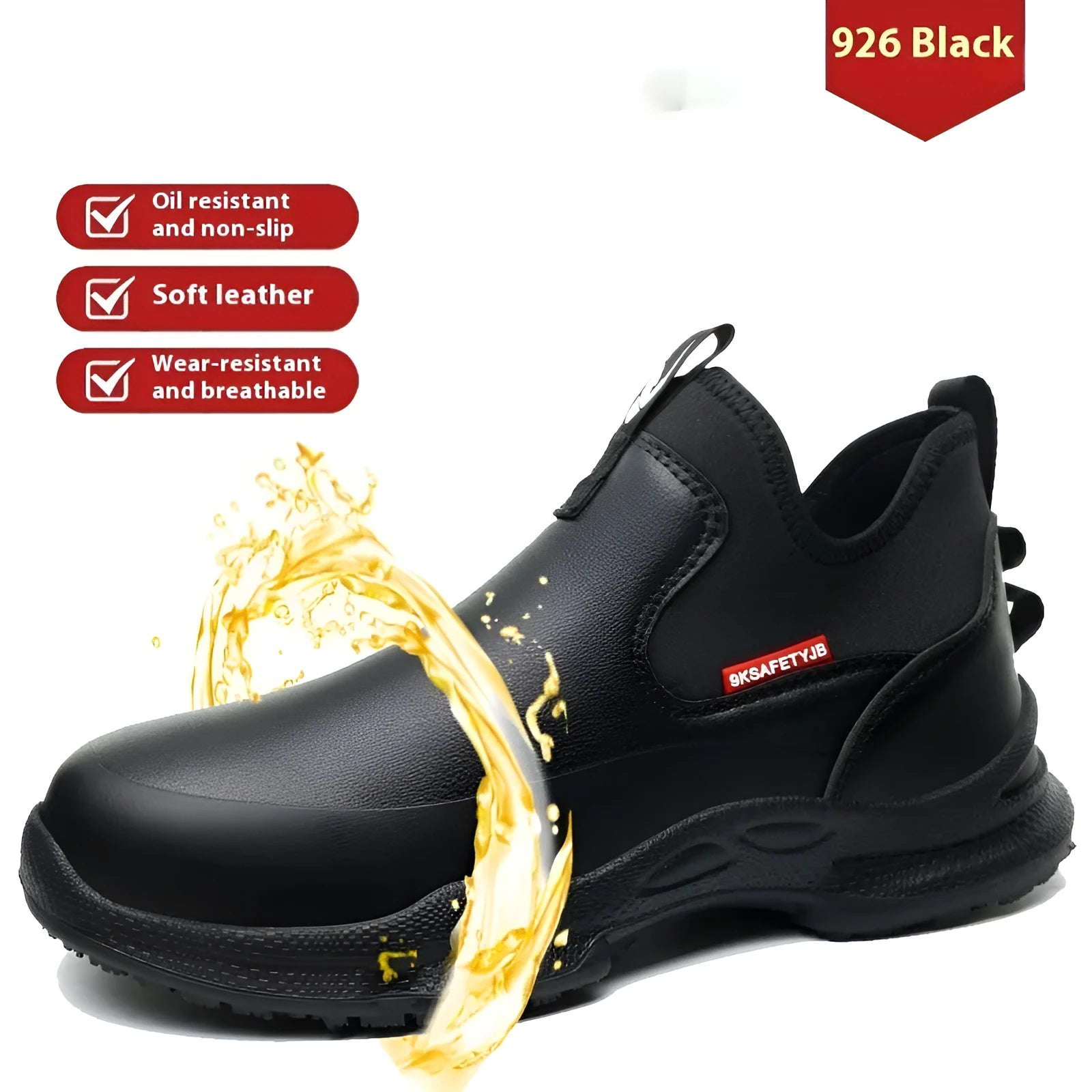 Men's black high cut waterproof work shoes with anti-slip soles for kitchen use