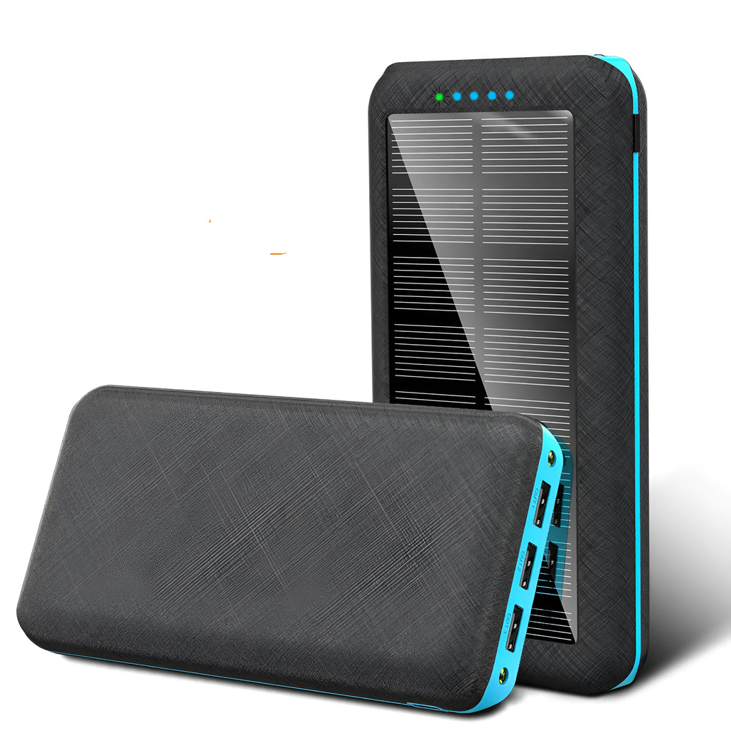 Black solar power bank with wireless Qi charging pad, three USB ports, and an LED flashlight