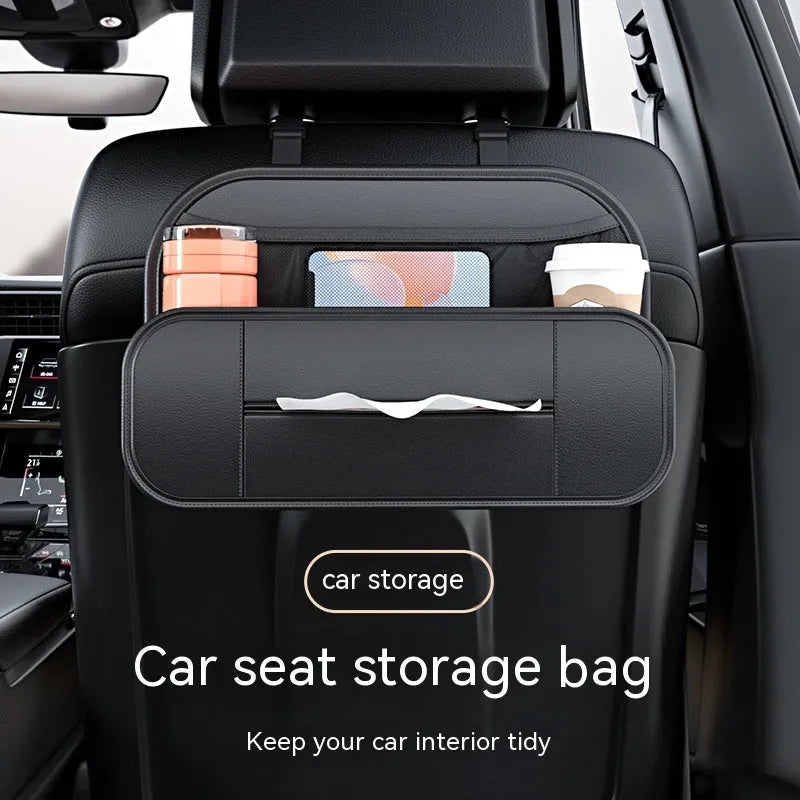 Black leather car seat rear storage bag showing dimensions and compartments for vehicle organisation