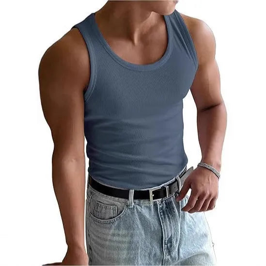Men's slim fit round neck sports T-shirt in polyester fabric on a hanger