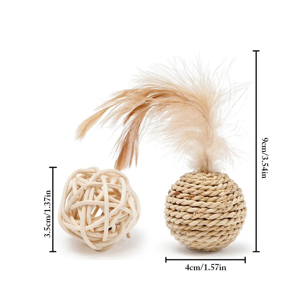 Two cat toys: rattan ball and faux feather ball with bell attachment for interactive play