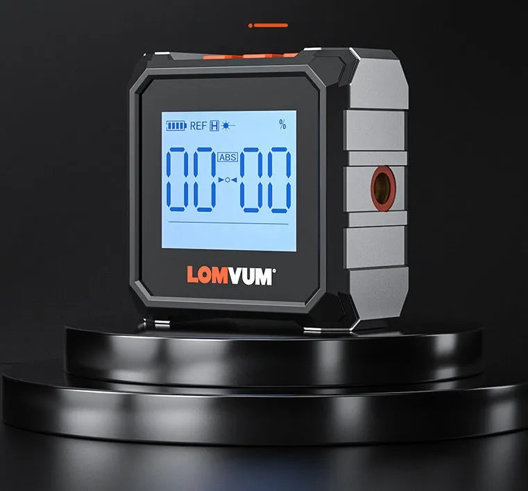 Digital laser infrared inclinometer with steel tape measure showing backlight display and magnetic sides