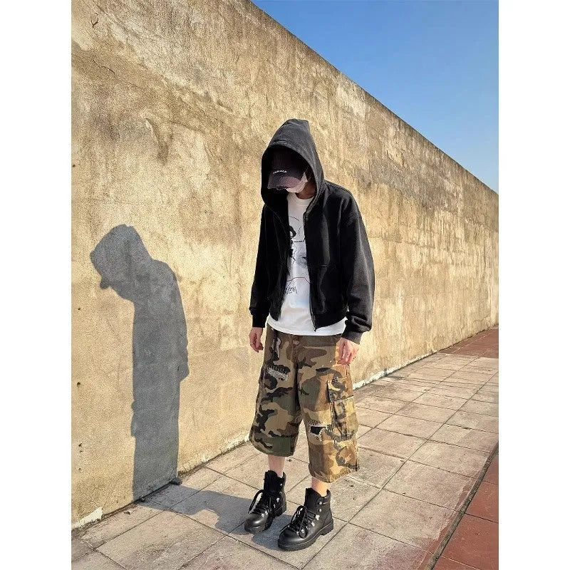 Men's cropped camouflage jeans with retro patch and ripped detailing in straight leg cut
