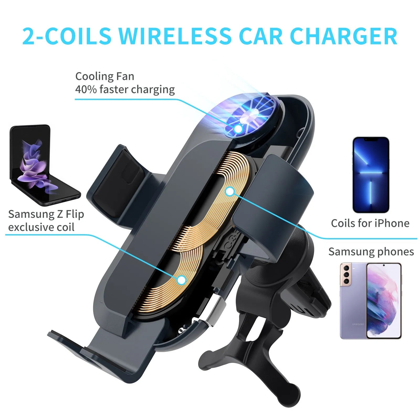 Black car wireless phone charger mounted on a vehicle air vent, showing phone held in auto-clamp.