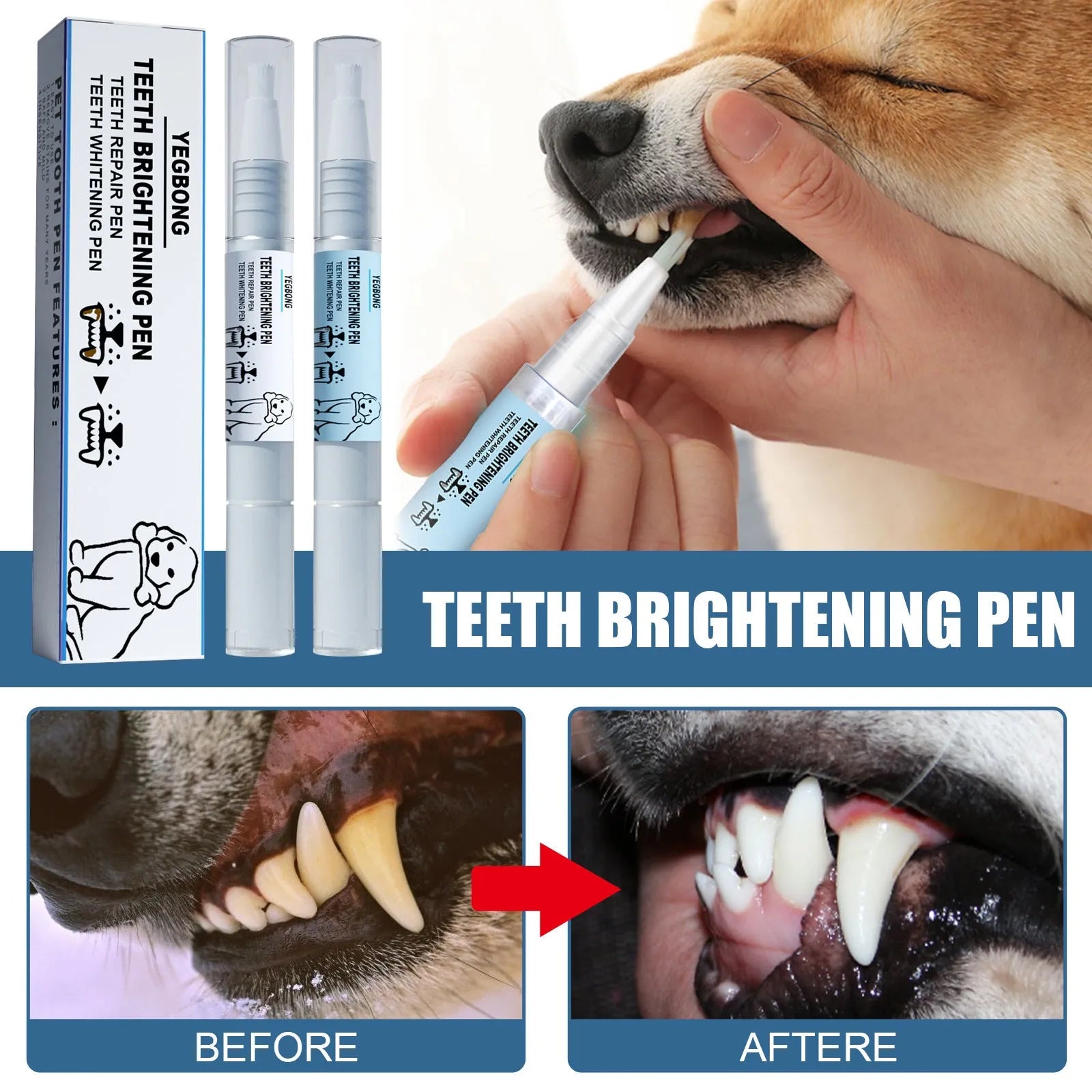 Yegbong pet teeth whitening pen with dental brush attachments for dogs and cats