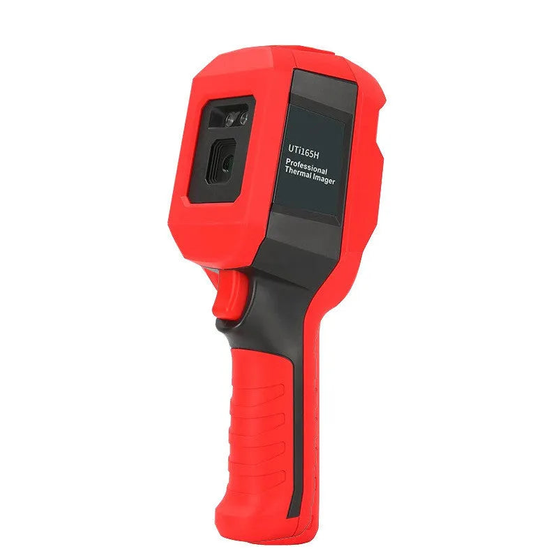 UTi series handheld infrared thermal imager with display screen shown alongside USB cable and storage card.