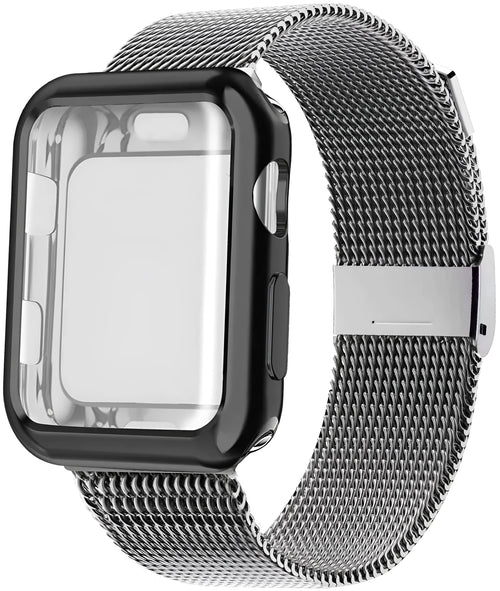 Magnetic Milanese metal strap for Apple Watch in various colours on a watch case