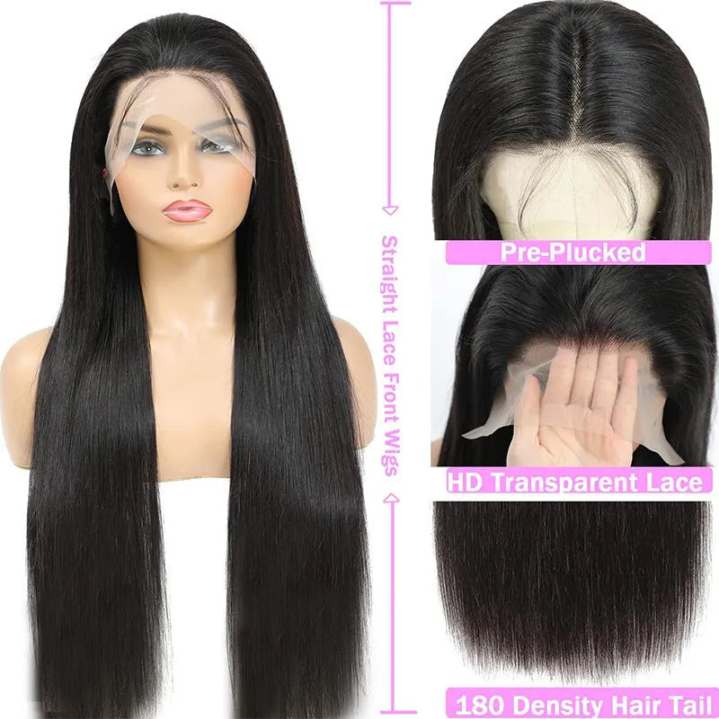 Black straight human hair wig with 13x6 lace front shown at 24 inch length