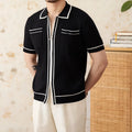 Slim fit lapel collar polo shirt in black knitted fabric with short sleeves